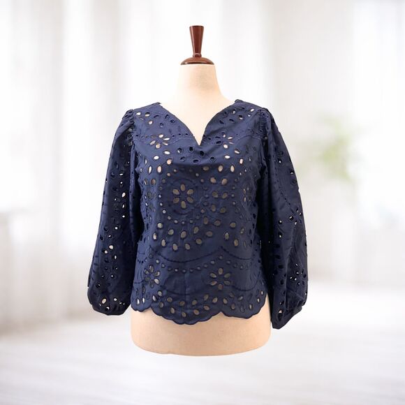 Unbranded Tops - Navy Blue Eyelet Lace Top M Puff Sleeve Boho Cottage Coquette Casual Cruise